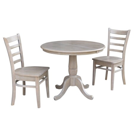 International Concepts Round 36 in Rd Extension Dining Table, 2 Emily Chairs, Washed Gray Taupe, 36 in W, 48 in L, Wood K09-36RXT-C617-2